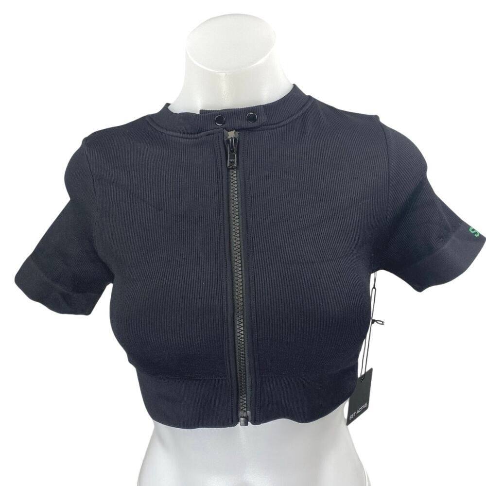 NEW SET Active Black Rib Sculpt Knit Short Sleeve Zip Up Crop Moto Sweater Top S